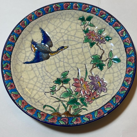 Majolica Longwy 6” Decor Bird Floral Cracked Signed A.M France - Picture 1 of 5